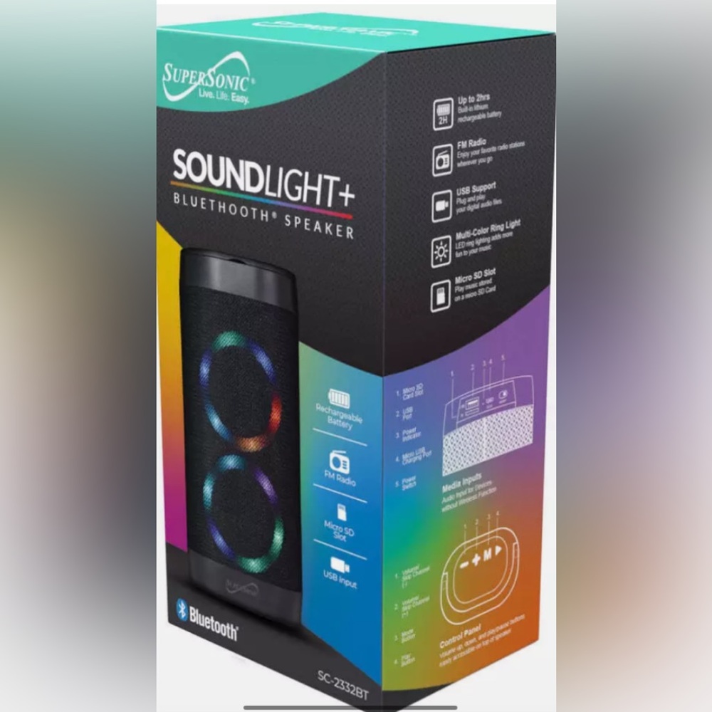 Supersonic SoundLight Bluetooth Speaker, FM Radio, Rechargeable Battery, USB